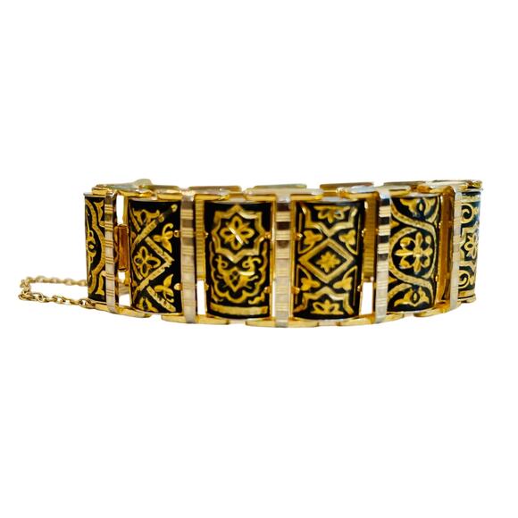 Vintage Damascene 12-Panel Bracelet – Floral Moorish Motif with Safety Chain - Picture 1 of 3